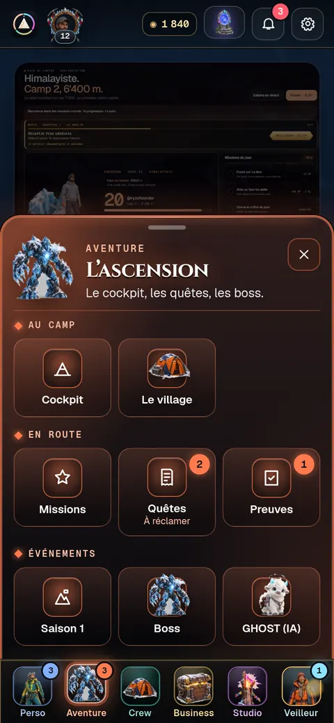 App screenshot: the Adventure menu